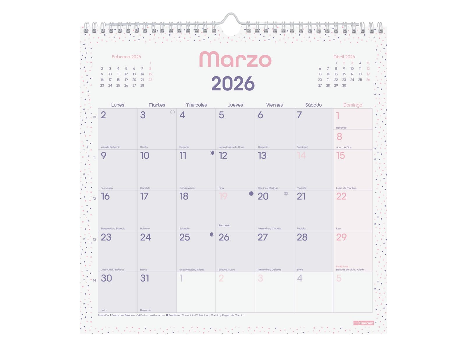 Finocam Wandkalender 2026 om te schrijven met twee kolommen