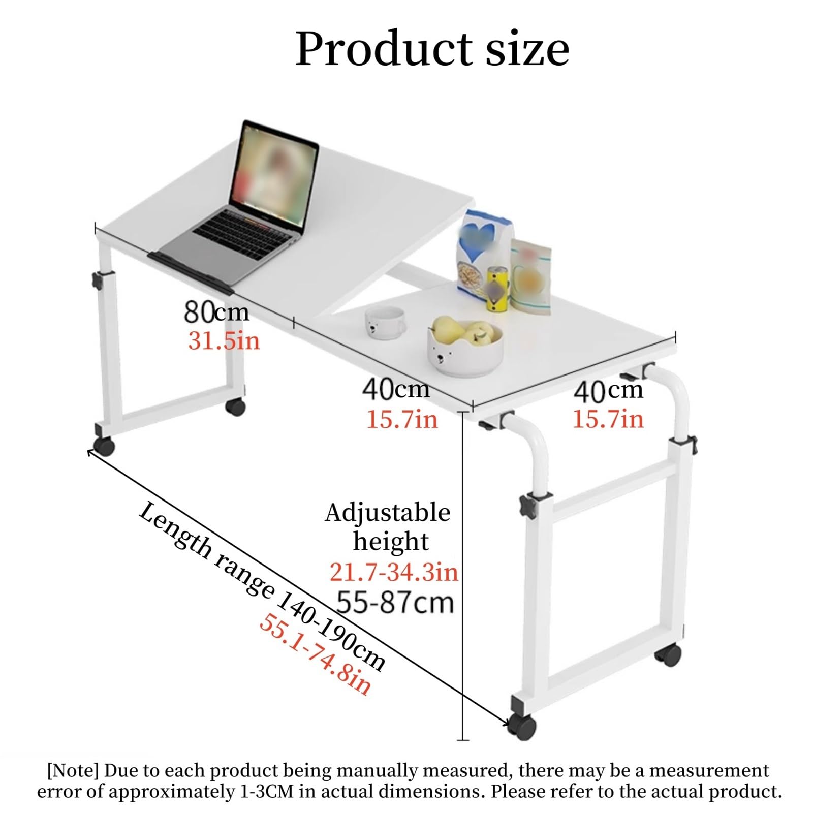 Mesa ajustable sobre la cama con ruedas, altura y longitud ajustables, escritorio abatible, escritorio de oficina portátil de metal para sala de estar y dormitorio, mesita de noche con ruedas (acabado