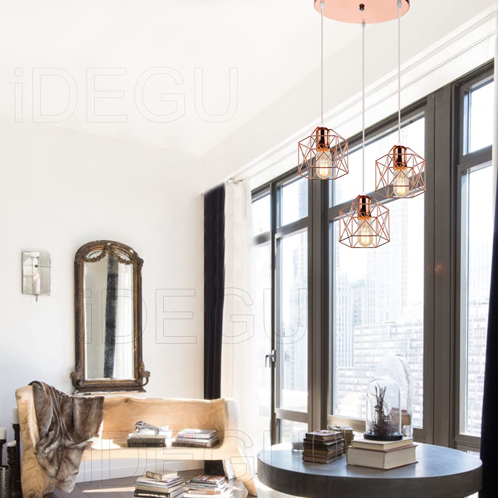 Lampadario Sospensione Vintage IDEGU - 3 Luci Gabbia Esagono Design Retrò, E27, Per Cucina/Sala Da Pranzo - Foto 5