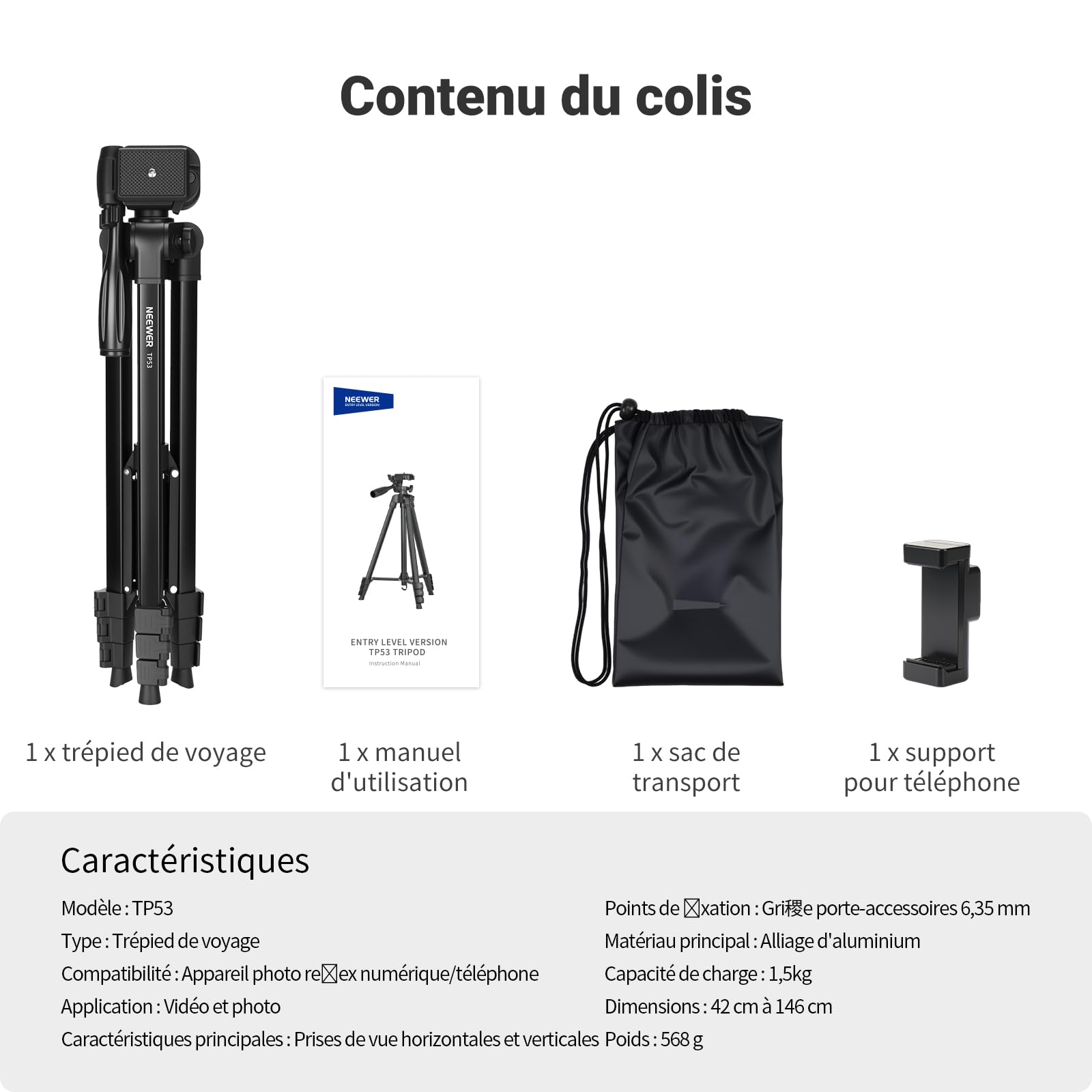 NEEWER Entry Level Version Trépied pour Téléphone Portable et Appareil Photo, Support de Voyage Léger en Métal avec Griffe Porte-Téléphone Portable Compatible avec iPhone, TP53