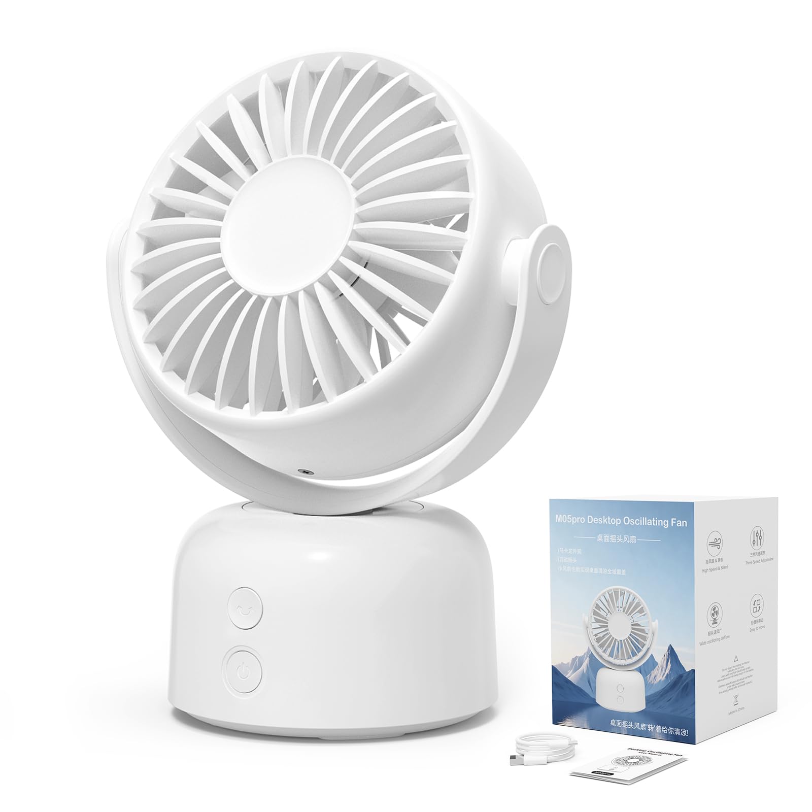 Pequeño ventilador de escritorio oscilante recargable por USB de 3 velocidades, portátil, mini ventilador de refrigeración silencioso para el hogar, oficina, dormitorio