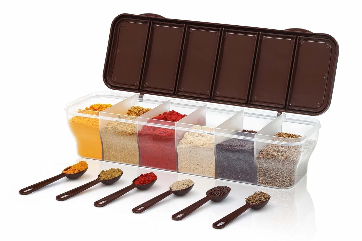 TASTIC Multipurpose 6-in-1 Masala Box for Kitchen| Airtight BPA-Free Plastic 6 Section Storage Container with 6 Spoons, 1800 ml Transparent Pickle Box for Spices| Dry Fruits, Snacks Pack Of 1 Blue-image-27