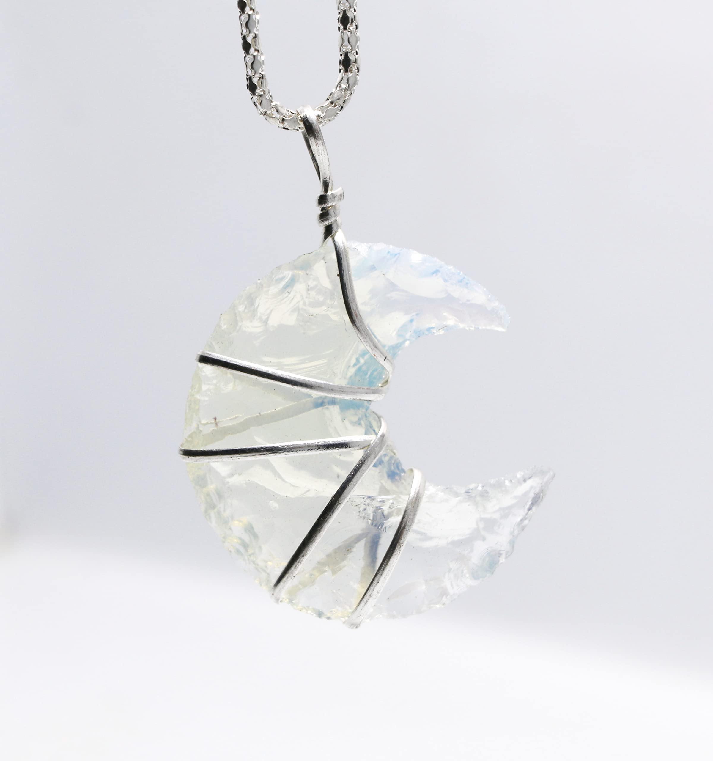 JABRESHWAR CRYSTAL Opalite Moon Necklace Pendent, Wire Wrapped Pendant, Crystal Pendant, Blue Stone Pendant, Metal Wire Opal Moon Pendent.