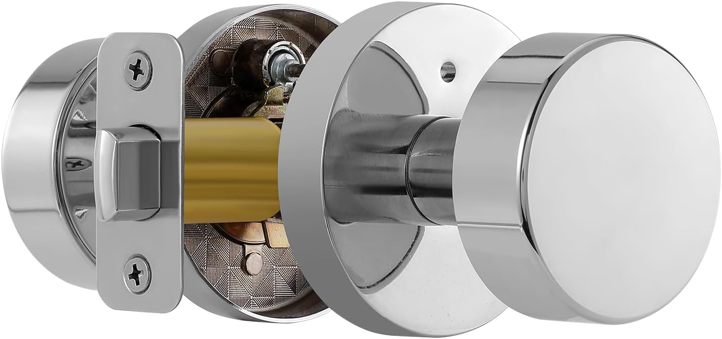 Polished Chrome Door Knobs Interior, Polished Chrome Privacy Door Knob with Lock, Heavy Duty Round Modern Door Handle for Bedroom Bathroom