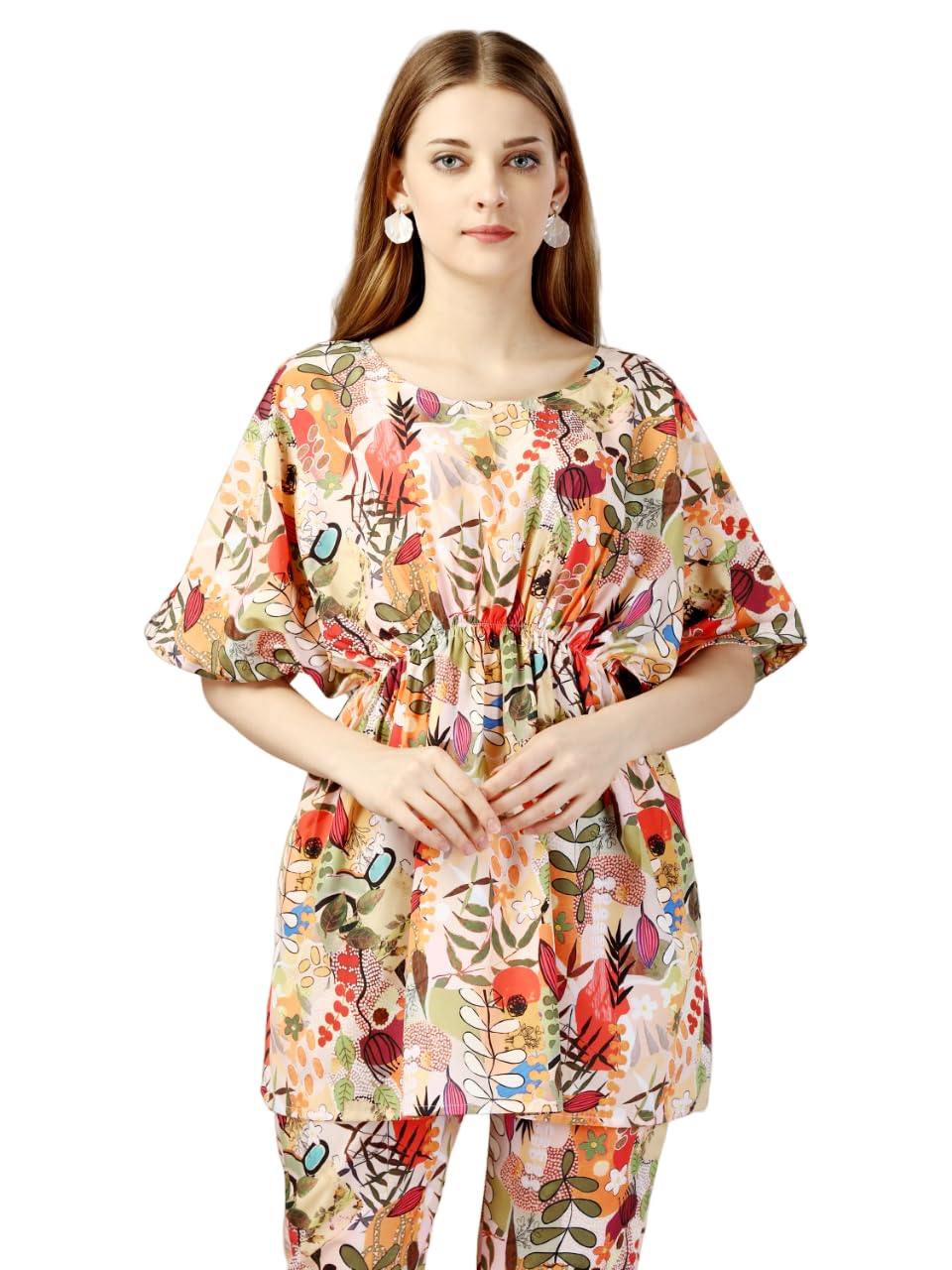 Women's Crepe Blend Straight Round Neck Floral Printed Kaftan Top with Pant-image-18