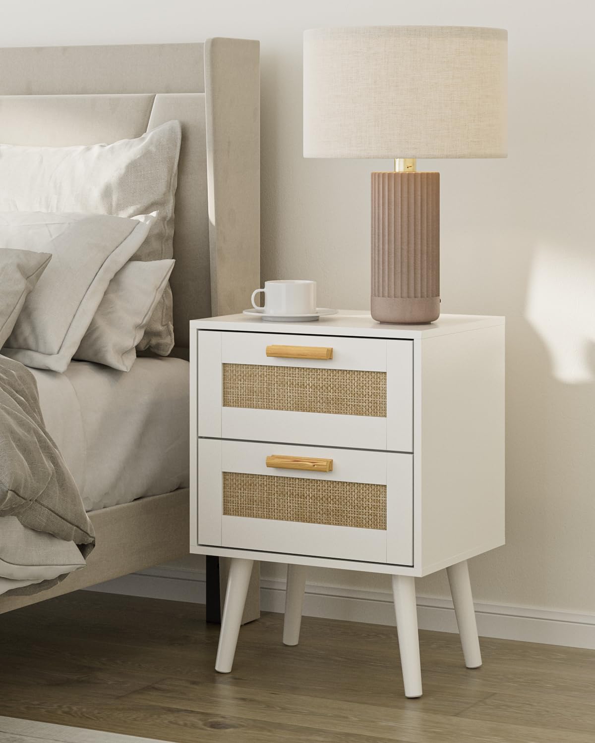 Rattan Nightstand,Modern Boho Farmhouse Wood Bedside Table with 2 Drawer,Small End Side Table for Bedroom,Living Room,Office(White)