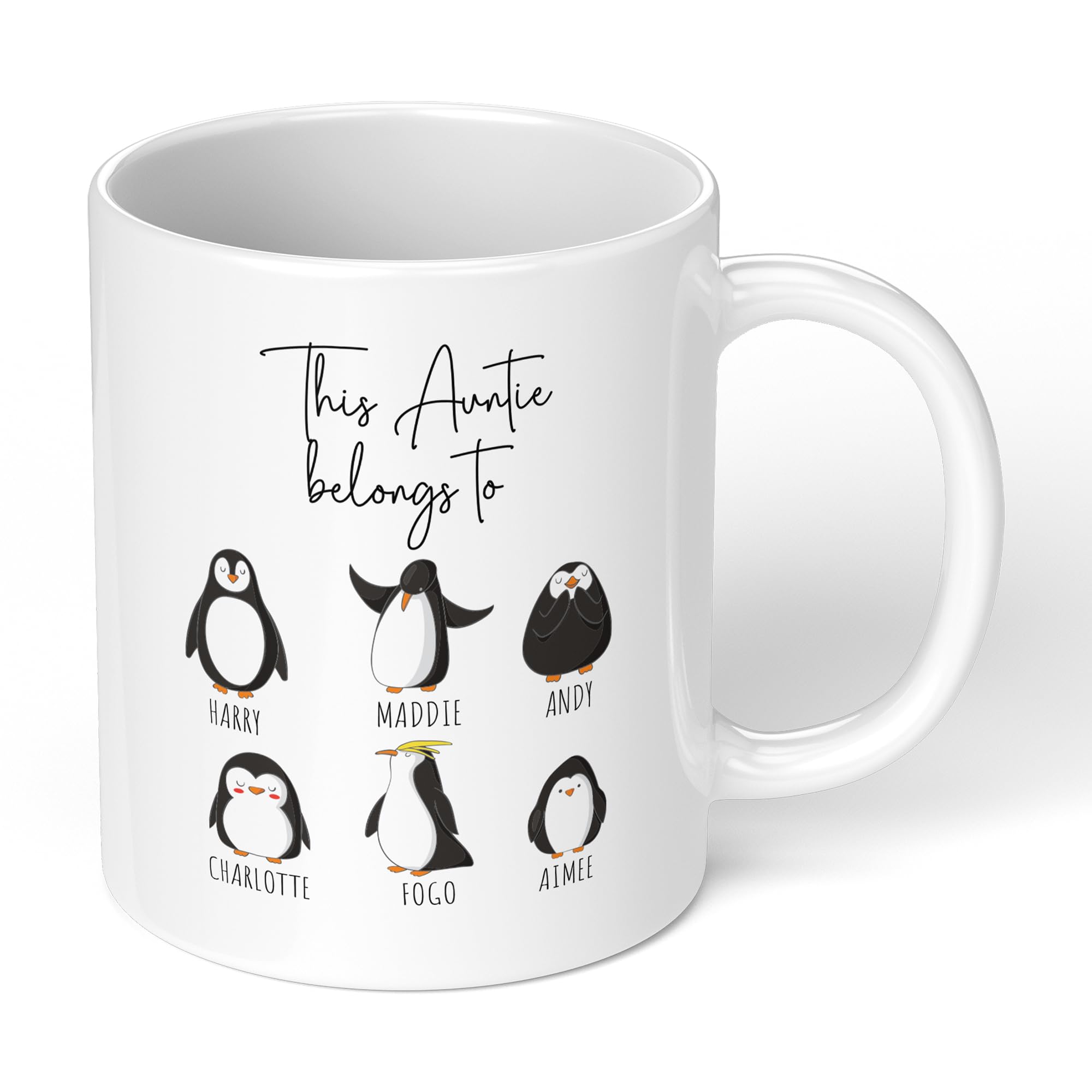 Print Maniacs Mothers Day Mug Cup 11oz Personalised Birthday Christmas Mum Mummy Grandma Auntie Nanny New Born Baby First 1st Coffee Tea Gift Present for Her Penguins (White Mug, Auntie)