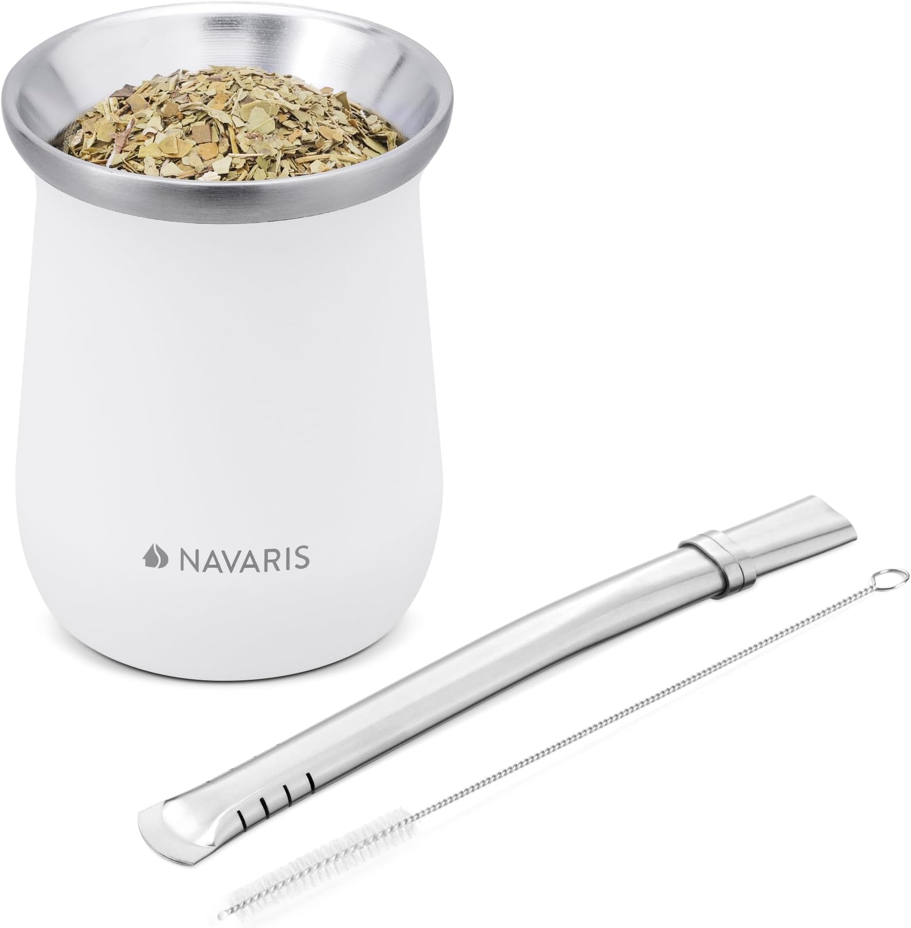 Navaris Yerba Mate Cup - 300ml Double Walled Stainless Steel Mate Tea Set with Gourd Cup Mug and Bombilla Straw and Brush for Mate Drink - White