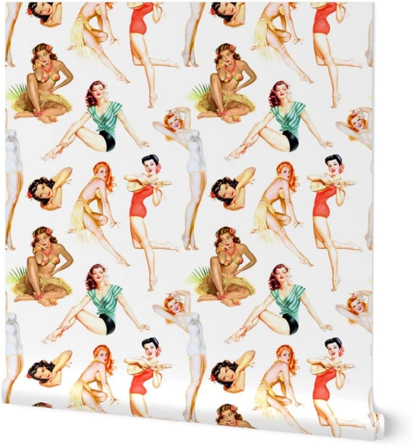 Peel & Stick Wallpaper 6ft x 2ft - Pinup Girls Retro Women Vintage Style Tropical Hawaiian Custom Removable Wallpaper by Spoonflower