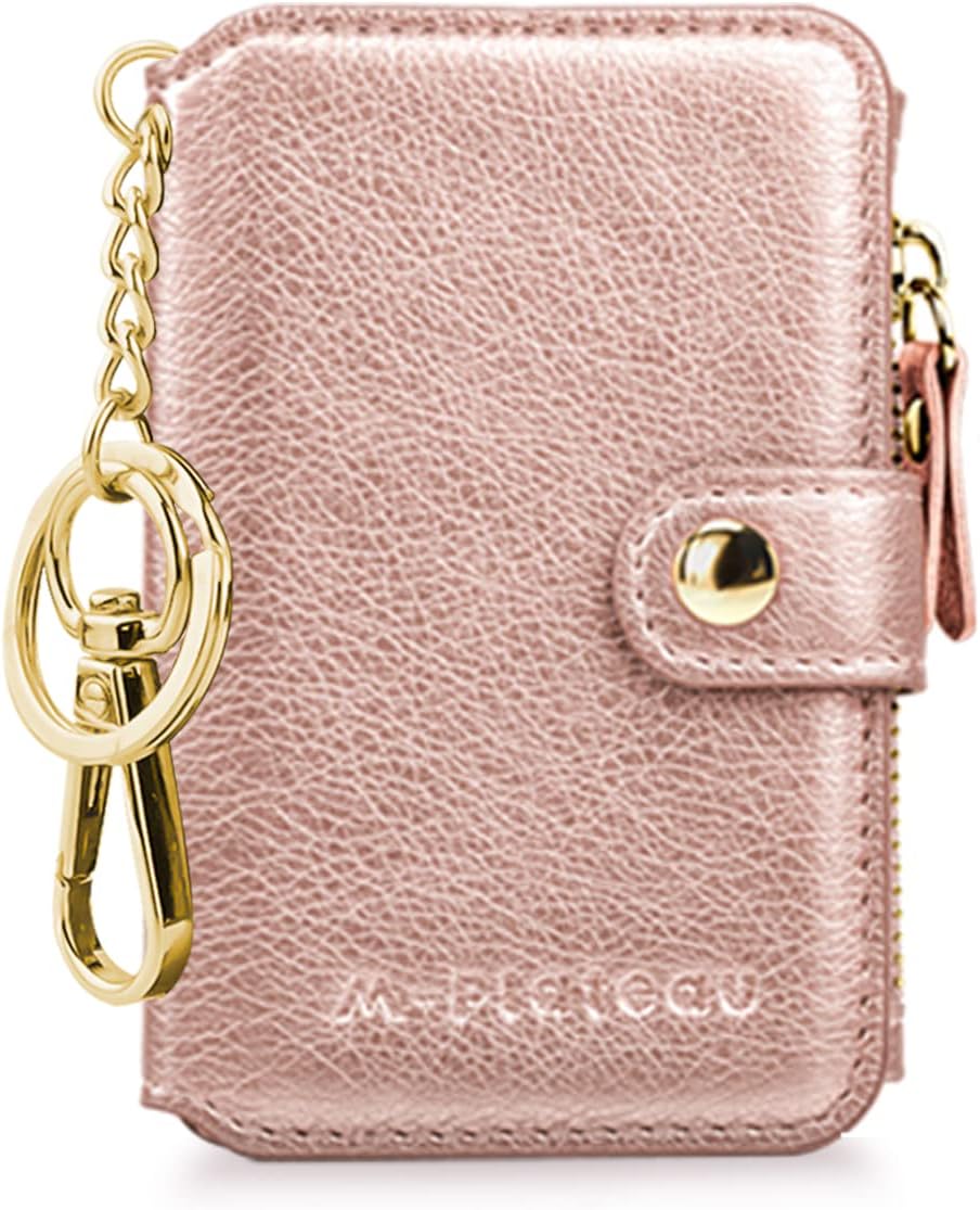 M-PlateauSlim Wallet for Women, PU Leather Credit Card Holder for Women with Cute Keychain and Zipper Pocket Mini Purs for Ladies,Girls and Daughter(Pink)