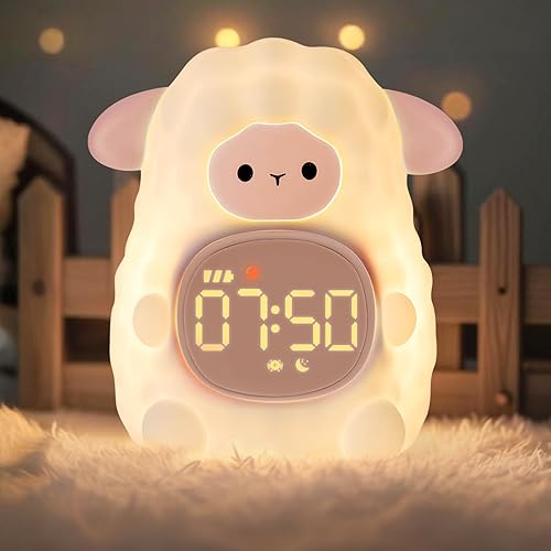Reloj despertador de oveja con luz nocturna para niños con máquina de entrenamiento del sueño y sonido, lámpara de silicona recargable para