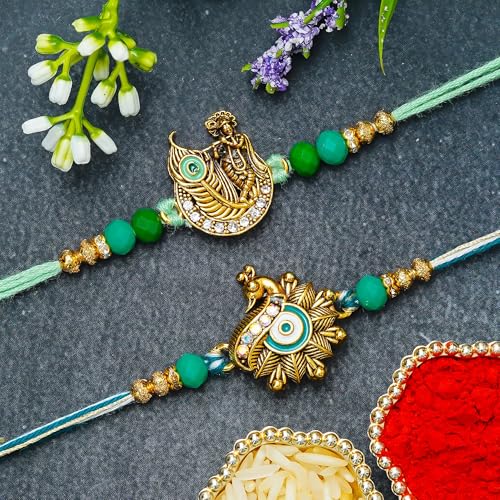 Image of eCraftIndia Set of 2 Peacock Krishna Rakhis | Best Bro Ever Fridge Magnet | Roli Chawal Pack | Designer Rakhi for Brother Bhaiya Bhai Bhabhi Kids