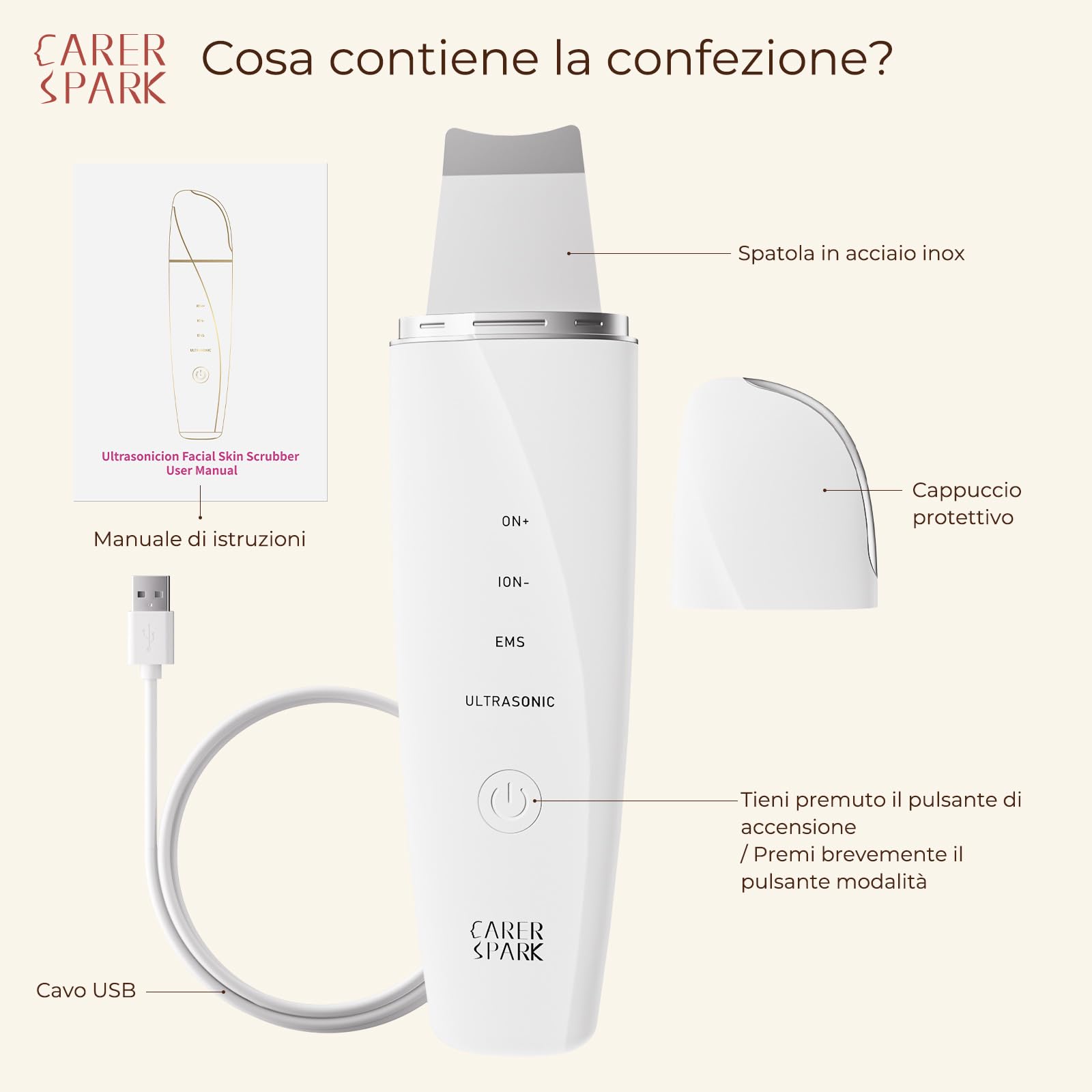 CARER SPARK Peeling Ultrasonico Facial – Spatola Viso a Ultrasuoni EMS Ioni Luce Rossa e Blu 4 Modalità per Pulizia Profonda Rimozione Comedoni Esfoliazione Delicata
