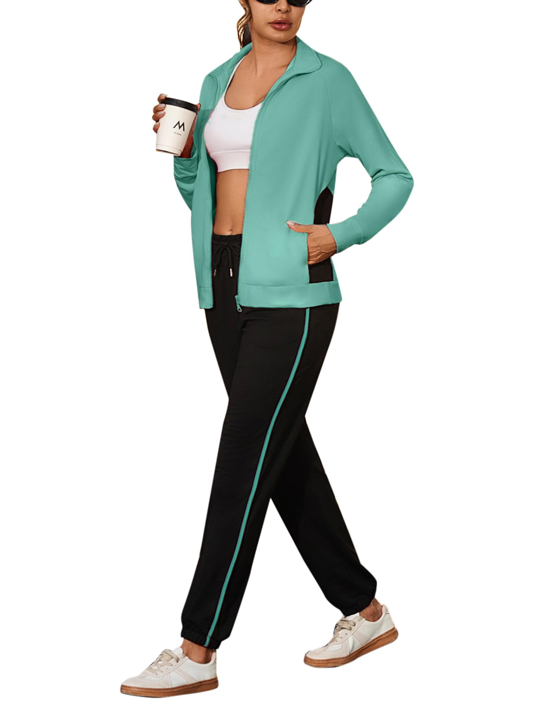 Uniexcosm Jogginganzug Damen Set Lang Trainingsanzug Zweiteiler Frauen Farbkontrast Freizeitanzug Langarm Reißverschluss Tracksuit & Sporthose Sportanzug