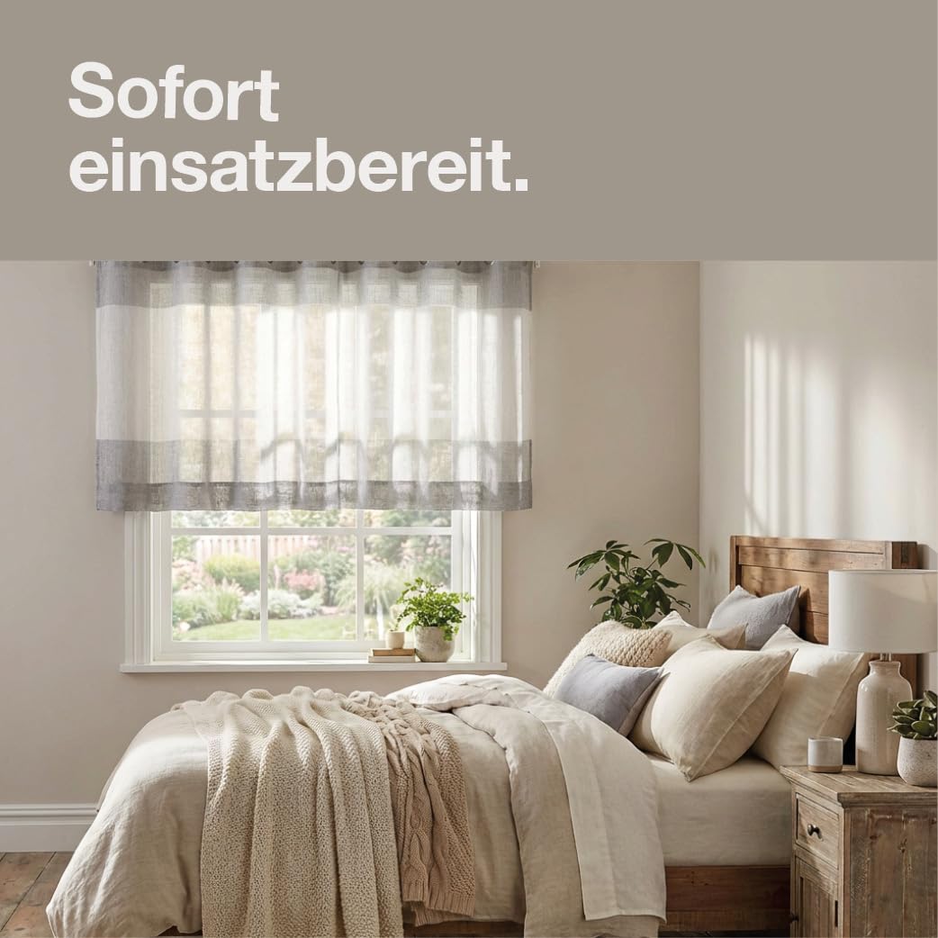 Happy Home 2er-Set Scheibengardine mit Ösen 140x50 cm – Halbtransparenter Vorhang Leinenoptik Grau Weiß – Moderne Bistrogardine für Küche & Bad – Küchengardine Kurz & Waschbar