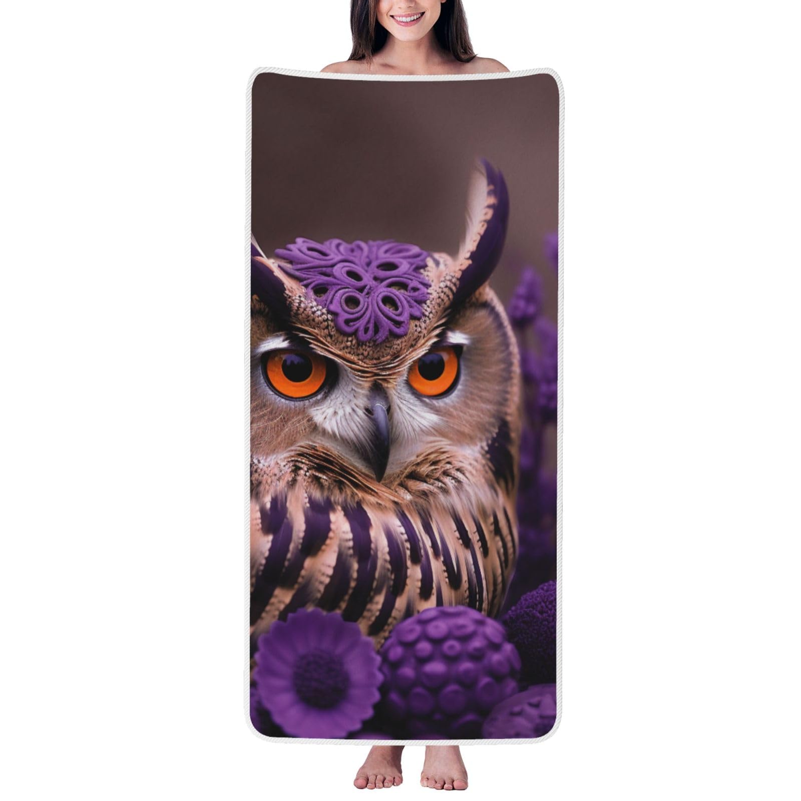 WPKJU Owl in The Flowers Printed Bath Towel with White Edging - 27x55 in Soft Extra Absorbent Coral Velvet Shower Towels for Bathroom
