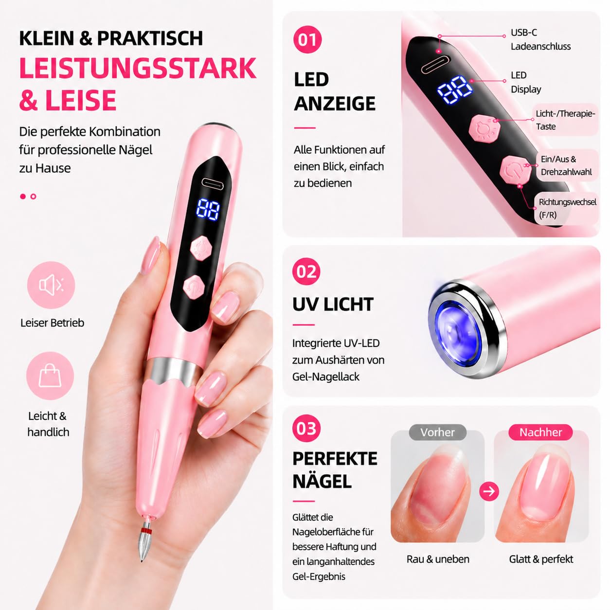 Gelnägel Starter Set für Anfänger, Kabelloser Nagelfräser mit Integriertem UV-Licht, UV Gel Nagellack Set mit Base Coat, Top Coat und Farbe Rot, Komplettes Nagelset zum Nägel Selber Machen