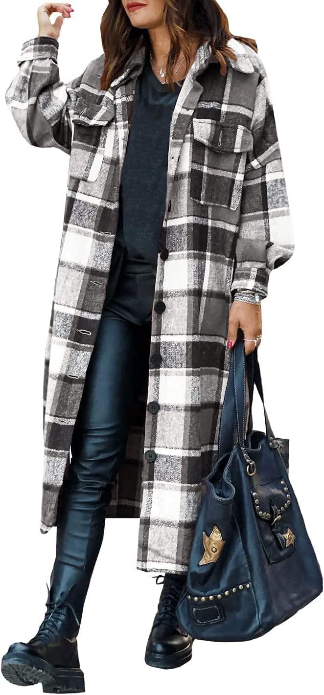 SKIKYAN Women Fall Flannel Plaid Shacket Jacket Oversized Button Down Long Shirt Jacket