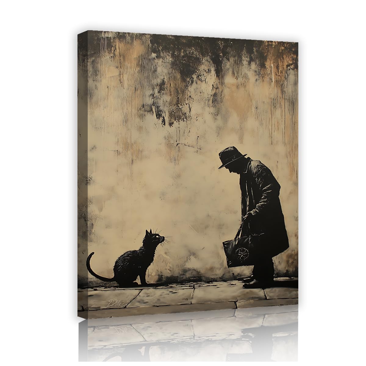 YUNART Poster per decorazioni da parete vintage con cornice da uomo e gatto nero stampa graffiti art su tela per bagno degli uomini 45x68cm Telaio interno