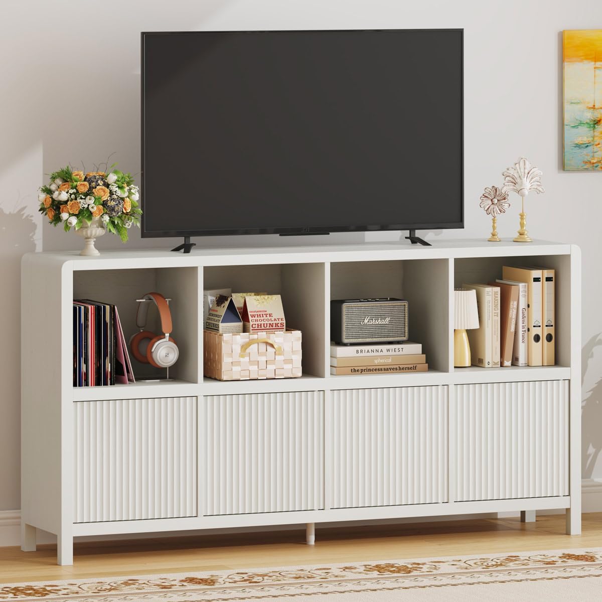 FATORRI Bookcase 8 Cube Storage Organizer, Horizontal Bookshelf with 4 Doors, Long Wooden Book Shelf for Living Room, Home Office (Antique White)