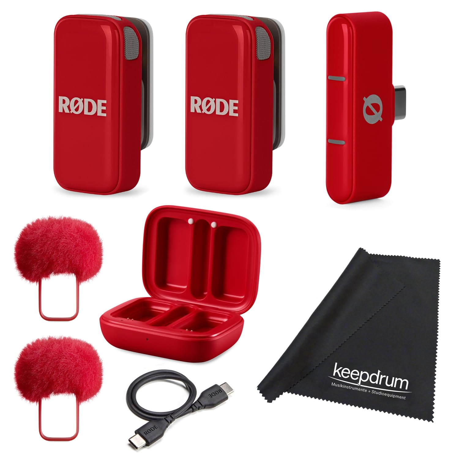 Rode Wireless Micro Drahtloses Mikrofon-System USB-C für Smartphones Rot mit keepdrum Mikrofasertuch