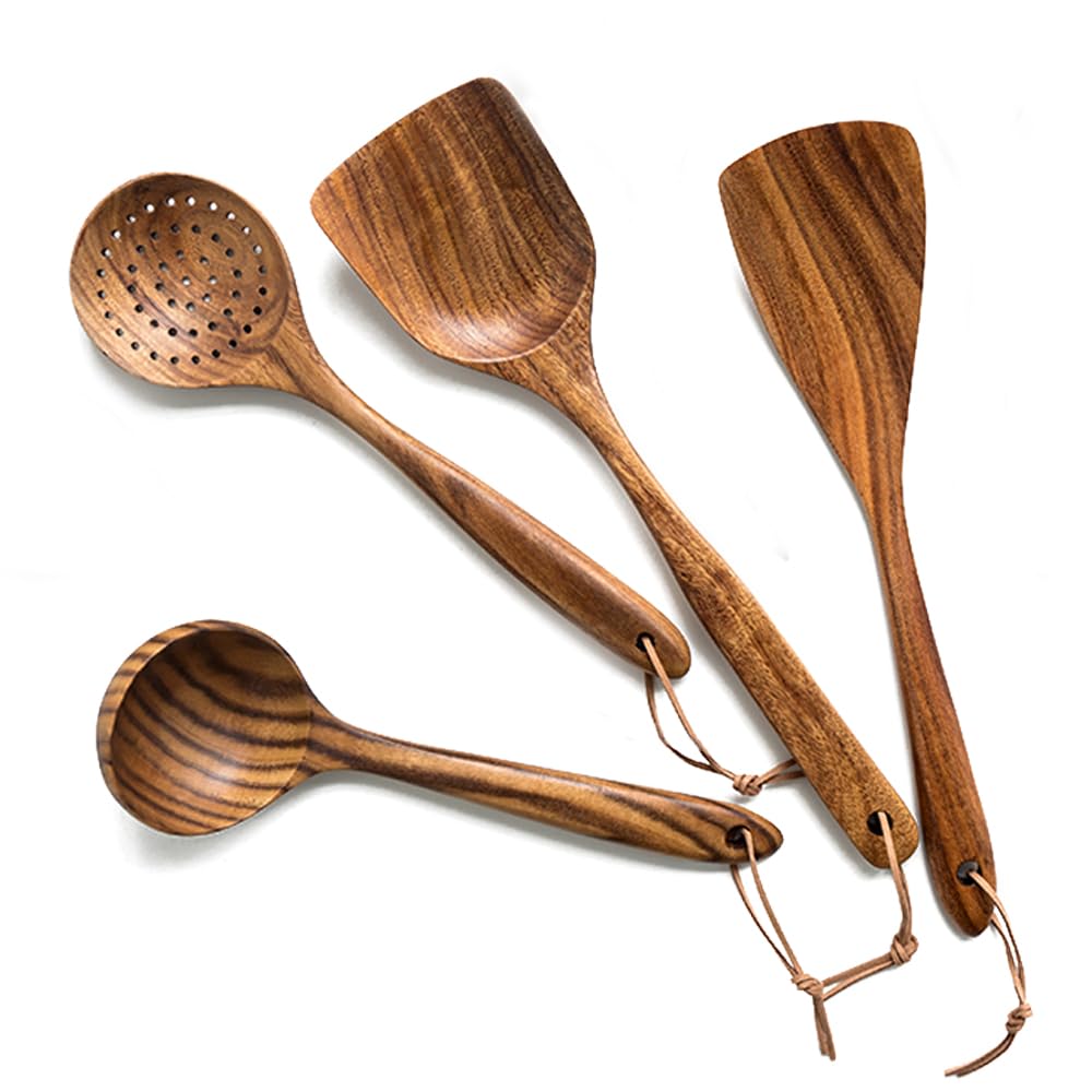 Cucharas de madera para cocinar, juego de 4 utensilios de madera de teca natural para cocinar, utensilios de cocina antiadherentes de primera calidad, herramientas de cocina de madera duraderas y
