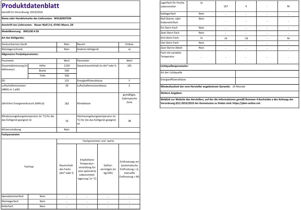 WOLKENSTEIN WKS190.4 EB - Frigorifero da incasso con scomparto congelatore, porta a traino, 123 cm WOLKENSTEIN WKS190.4 EB - Frigorifero da incasso con scomparto congelatore, porta a traino, 123 cm
