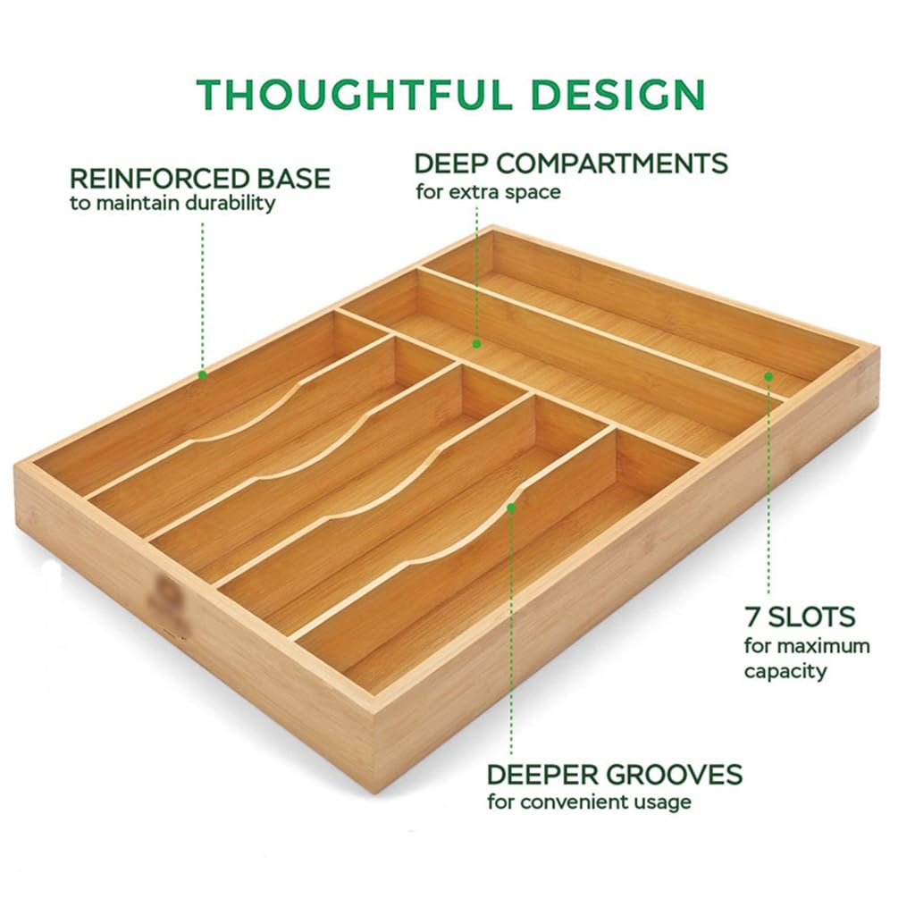 Range-couverts en bois extra profond avec 7 emplacements pour couteaux, fourchettes et cuillères, porte-ustensiles de cuisine pour l'organisation des tiroirs
