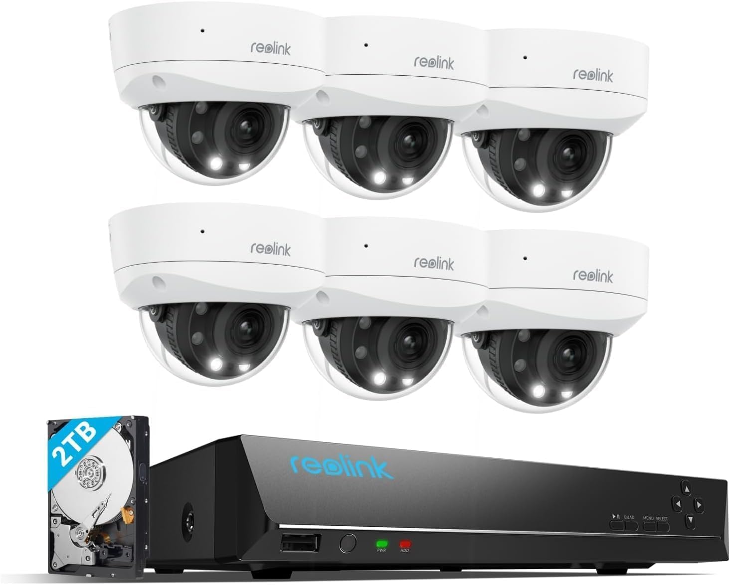 REOLINK 4K Outdoor Home Security System Cameras, 5X Optical Zoom, Color Night Vision, Smart Detection, IK10 Vandalproof, 6X RLC-843A Bundle 8 Channel Network Video Recorder RLN8-410