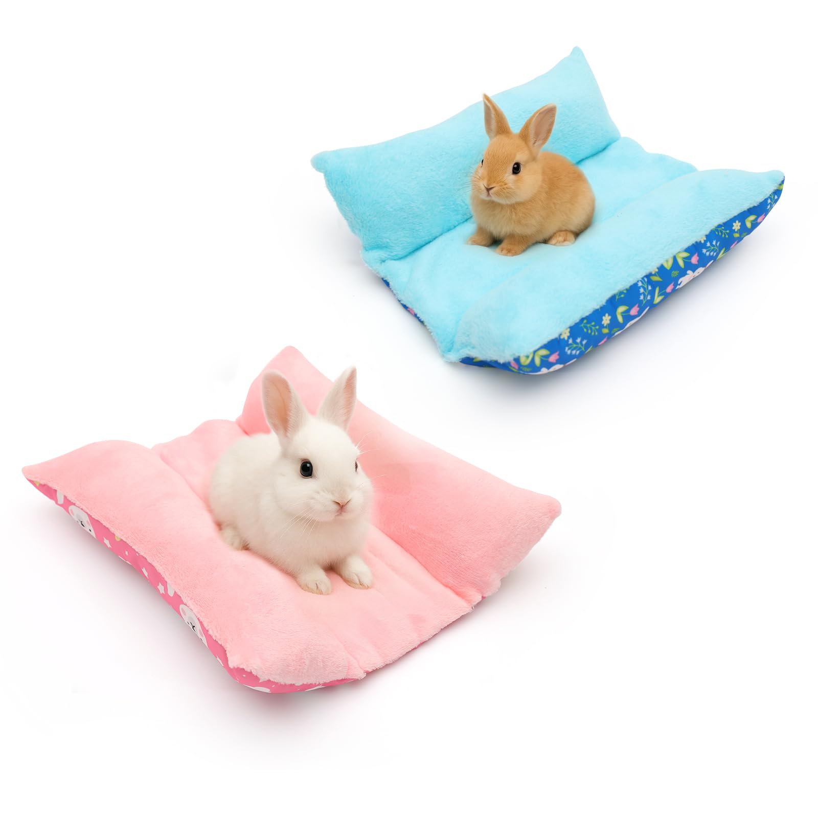 OPEYATOYS 2 Pcs Flannel and Oxford Reversible Rabbit Bed Mat for Small Animals Thickened Concave Design for Rabbits Guinea Pigs Puppy Squirrel 35x32x6cm
