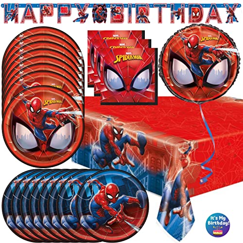Spiderman Birthday Decorations For 16 Guests - Spiderman Party Supplies Includes Spiderman Plates, Napkins, Tablecloth, Balloon, Banner & Sticker #TOP8