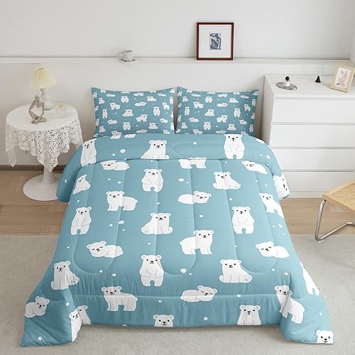 Erosebridal Juego de ropa de cama de oso polar, tamaño individual, con estampado de oso blanco, edredón de microfibra suave y lujosa, para