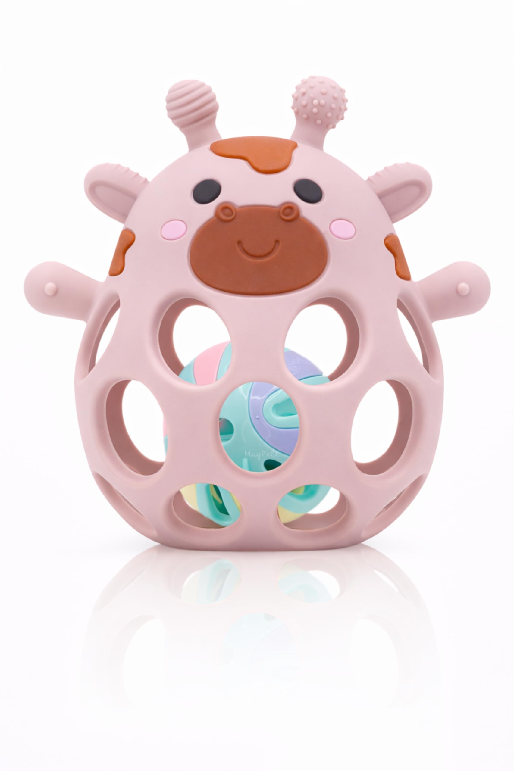 MuyPetit Giraffe Rattle Toy, Baby Toy 4 Months, BPA and Toxic Free, Montessori Toys for Babies 6-12 Months, Easy to Grip, Baby Games 0-6 Months, Teether (Pink with Ball)
