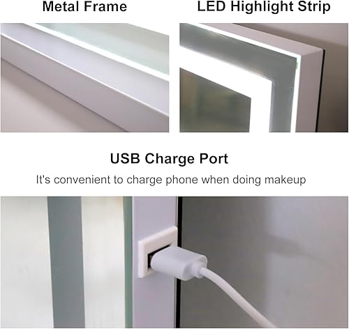Miniatura 5 de Espejo de tocador de maquillaje con luces, 22.8 x 18.1 pulgadas, espejo grande con luz LED con aumento de 10 veces y puerto de carga USB, toque