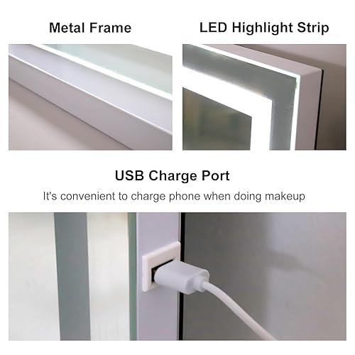 Miniatura 5 de Espejo de tocador de maquillaje con luces, 22.8 x 18.1 pulgadas, espejo grande con luz LED con aumento de 10 veces y puerto de carga USB, toque