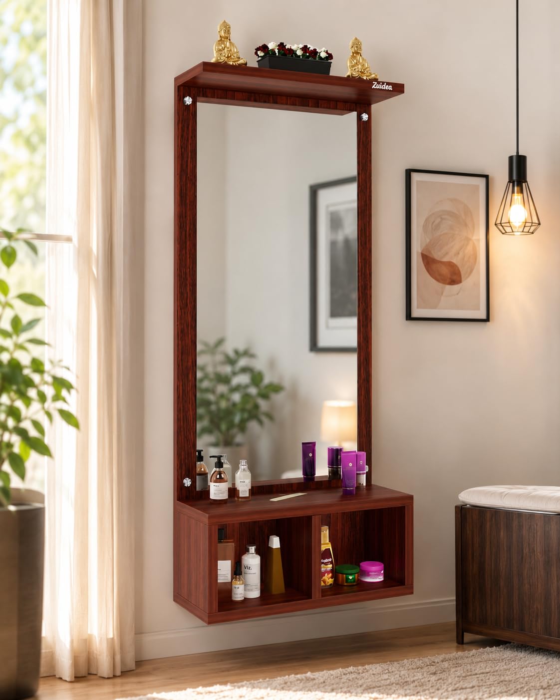 Engineered Wood Frameless Rectangular Wall Mounted Dressing Mirror Table Teak Finish 75 cm with 2 Storage Box Shelves Bathroom Cabinet Organizer Space Saving Vanity Decor Home Furniture-image-8