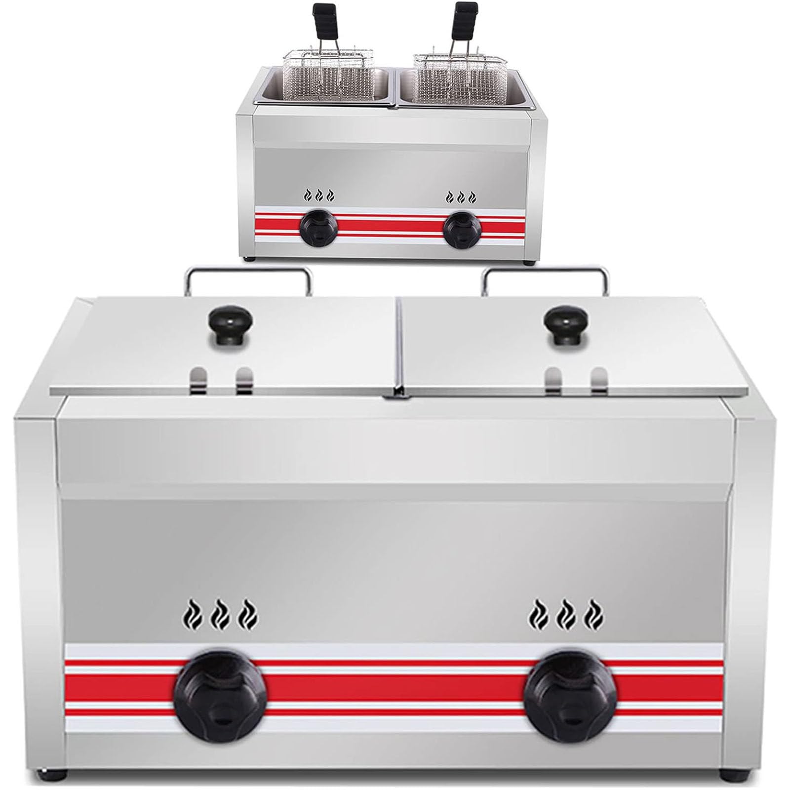 PixCy Friggitrice a Gas Grande capacità 10l/20l/30l,Friggitrice in Acciaio Inossidabile,Potenza Fuoco Regolabile, con Cestelli E Coperchi,per Ristorante Commercial,20L