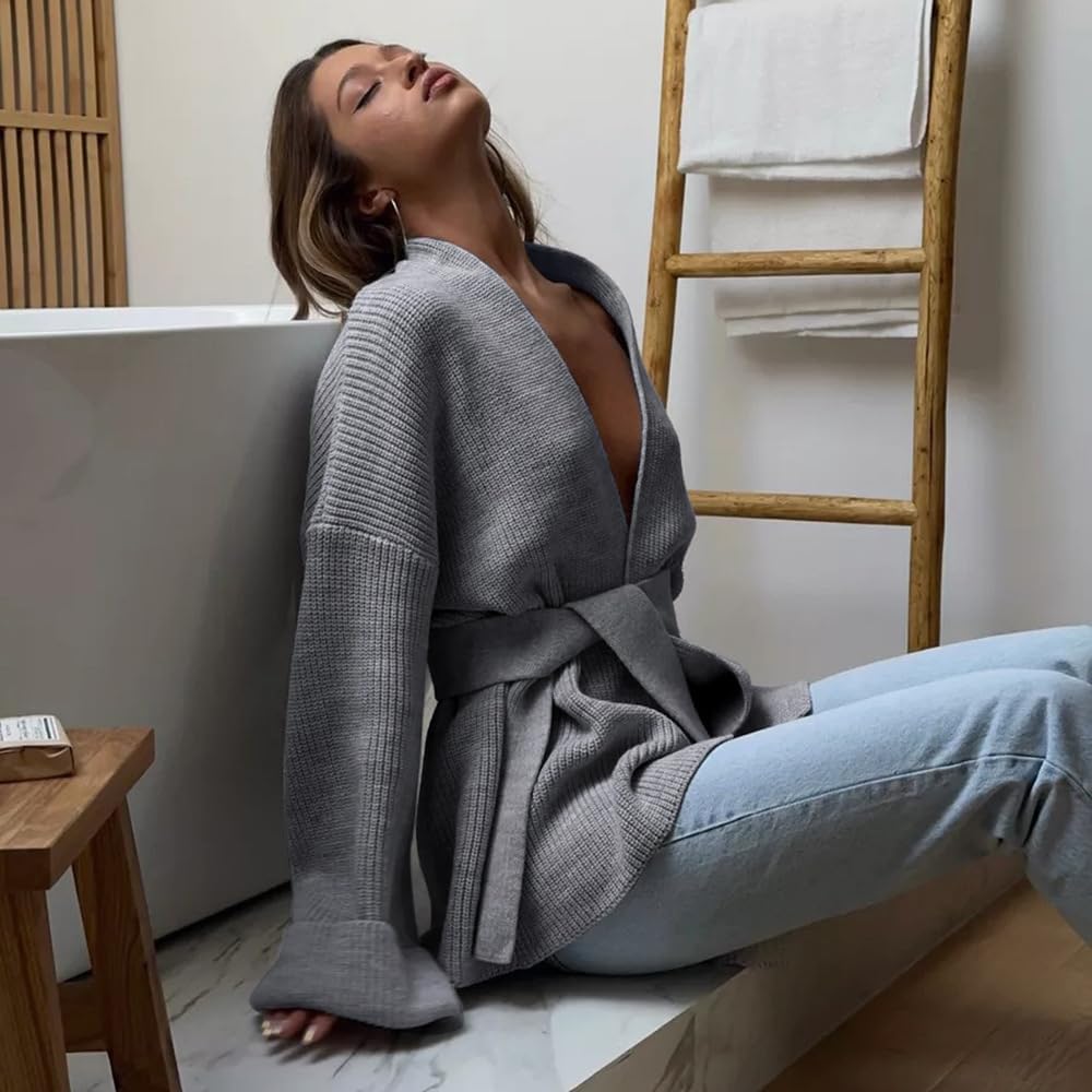 utcoco Womens Oversized Knit Cardigan Belted Wrap Sweater Long Sleeve Loose Fit Open Front Coat for Fall & Winter - Image 2