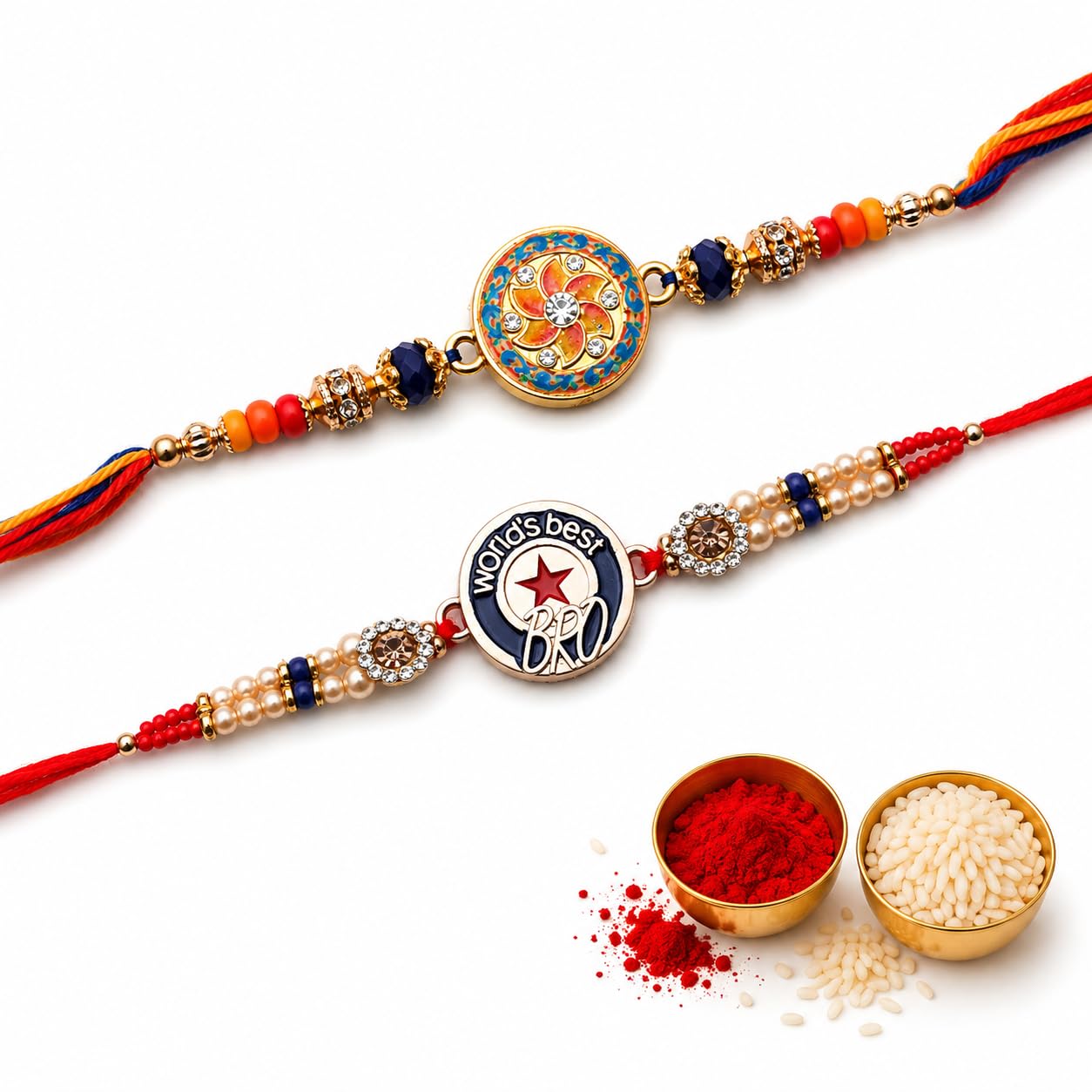 Salescraft Rakhi for Brother, Pack of 2, World's Best Bro and Floral Design, Beaded Thread Bracelet-image-0