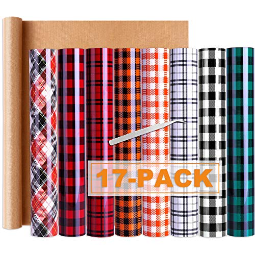 Christmas Heat Transfer Vinyl Bundle, 15 Sheets Buffalo Plaid HTV Iron on Vinyls with 2 Pcs Weeding Tools for Cricut DIY T Shirts Clothes Bag Hat Pillow Crafts