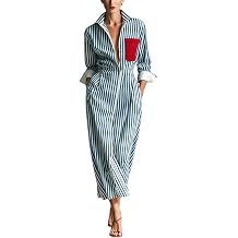 Women Blue White Stripe Shirt Dress, Pocket Belted Waist Roll Sleeve Button Down Dress