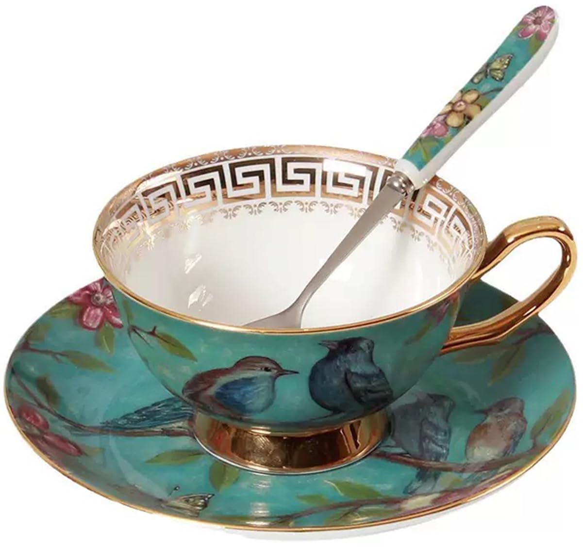 Eplze YBK Tech Euro Style Cup& Saucer Set, Bone China Teacup Coffee Cup for Breakfast Home Kitchen- Birds and Trees Patterns (Blue)