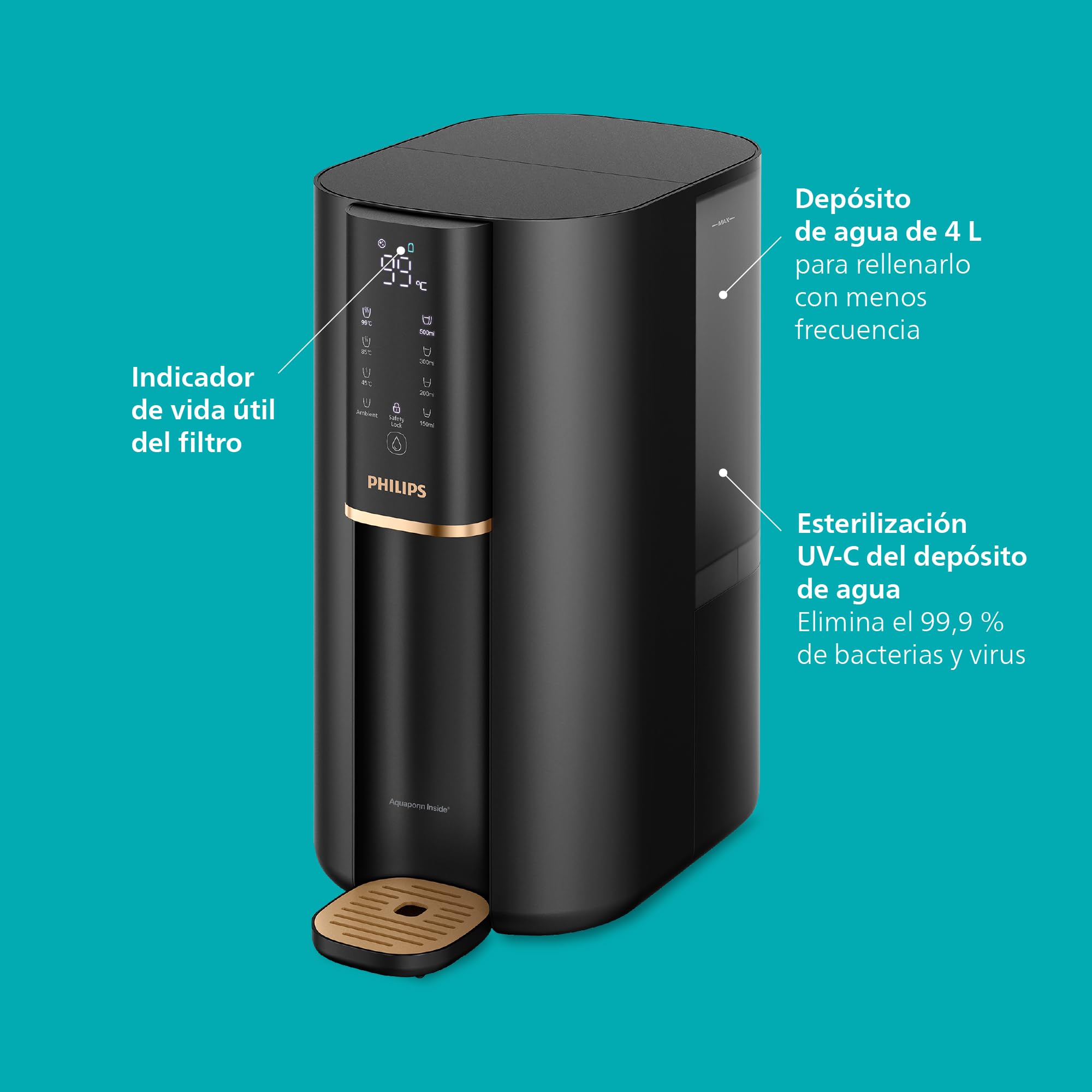 Philips Water 6100 Dispensador pór Osmosis Inversa: agua caliente al instante, filtración RO 5 en 1 reduce >110 contaminantes, relación 3:1 agua pura/rechazo, protección UV-C, sin instalación, 2000L