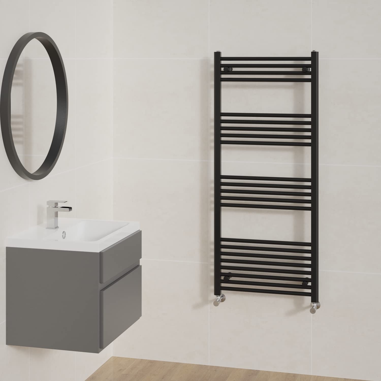 NRG Straight Black Bathroom Heated Towel Rail Radiator Central Heating Ladder Rad Warmer 1400x600mm