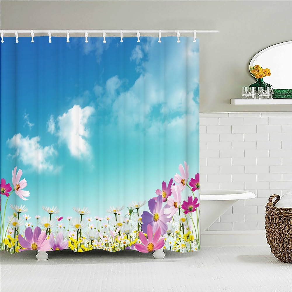 Cortina de Ducha 240 x 200 cm con Estampado Floral Rosa, Blanco y Morado, Tela de Poliéster, para Baño, Estética Vegetal, Cielo Azul, decoración de Bañera con Ganchos, 240 x 200 cm (1 Paneles).