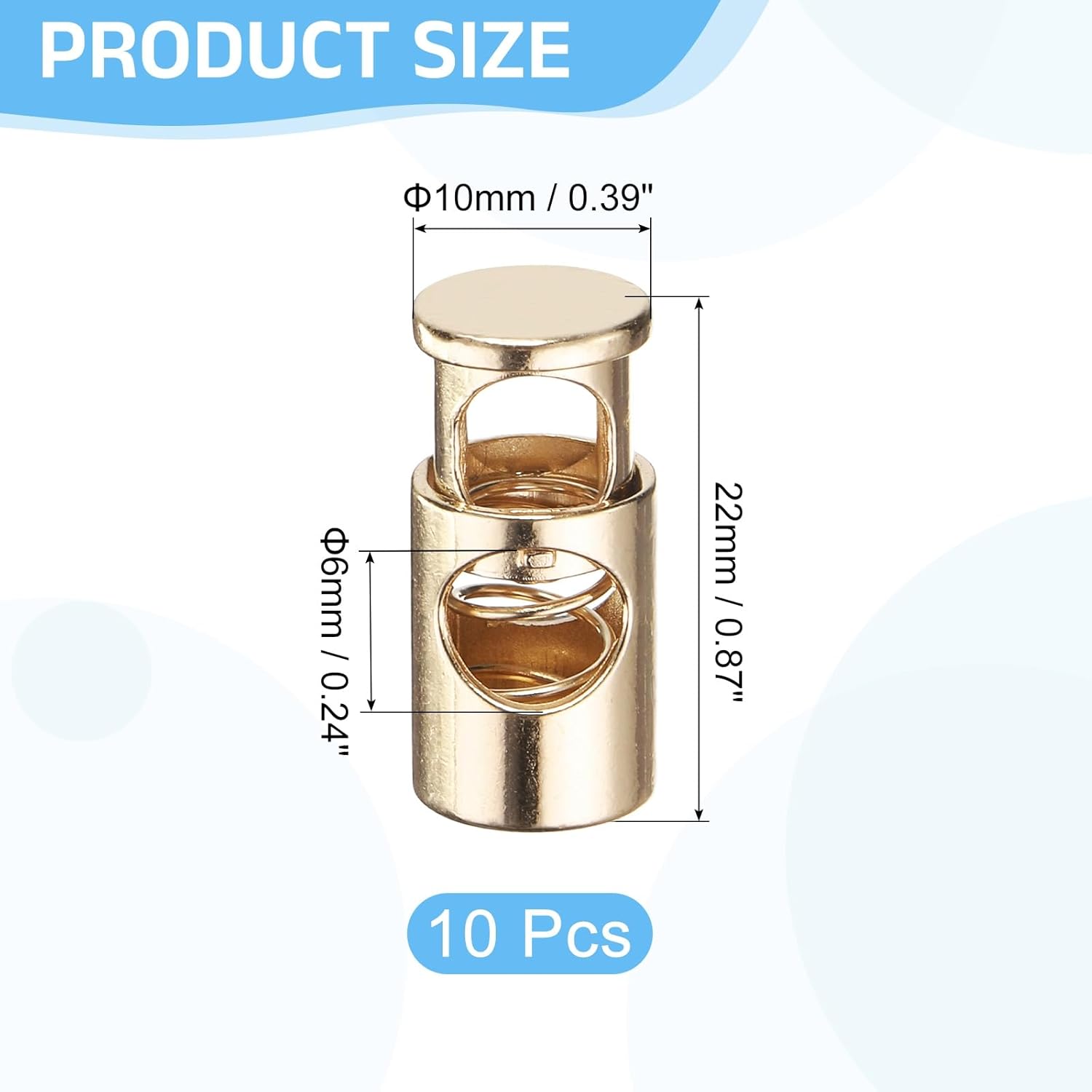 uxcell 10Pcs Single Hole Cord Locks, 6mm Metal Spring Toggle Stopper Clip for Shoelaces Drawstrings Paracord, Gold, 10mm Dia - Image 2