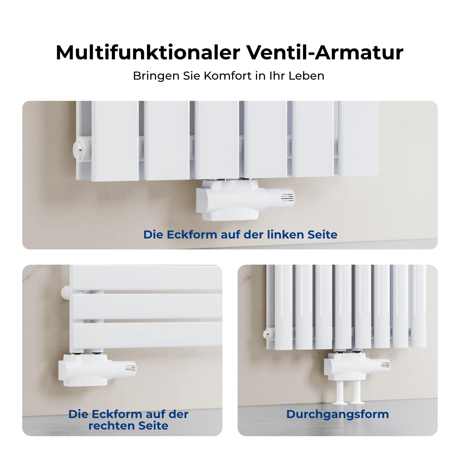 Heilmetz Multiblock Set für Heizkörper Anschlussarmatur mit Thermostat Hahnblock in Eck- und Durchgangsform, 50mm Ventil – Für 15mm & 16mm Rohre (G1/2"), 1 Stück, Weiß mit Deckel