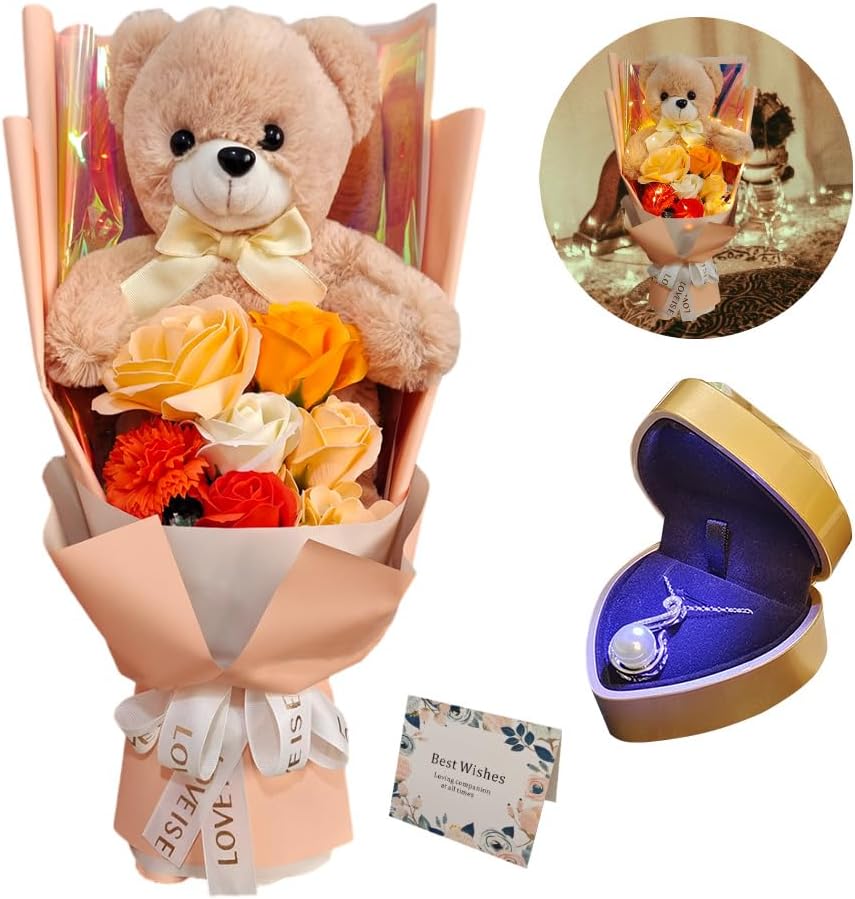 Eightown Preserved Rose Bouquet Flowers with Teddy Bear - Orange Roses Artificial Flowers with Pearl Necklace for Her - Love Gift Mother's Day,Valentine's Day,Birthday (Orange)