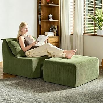 61 Inch Chaise Lounge Chair Indoor with Ottoman, Corduroy Upholstered Boneless Chaise with Back Pillow, Modern Deep Seat Sleeper Chair for Living Room Bedroom, No Assembly