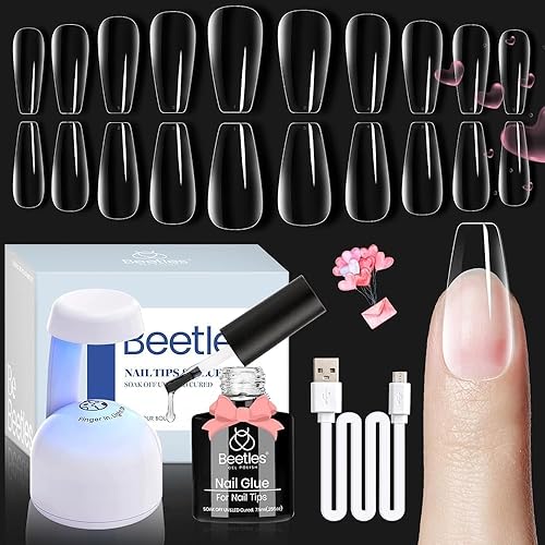 Beetles - Kit de extensión de uñas de gel fácil con 500 puntas medianas en forma de ataúd 5 en 1, gel base de pegamento de uñas e innovadora lámpara